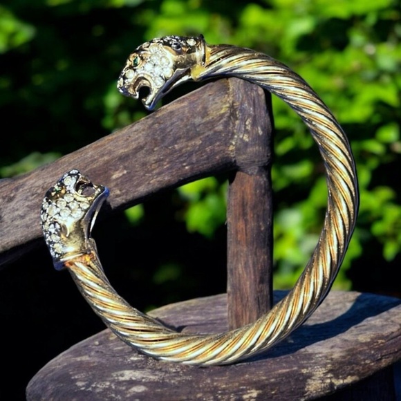Gold Tone Leopard Panther Head Cable Cuff Bangle Bracelet - Picture 1 of 3